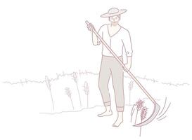 A traditional farmer skillfully using a scythe amidst a vast and golden wheat field vector