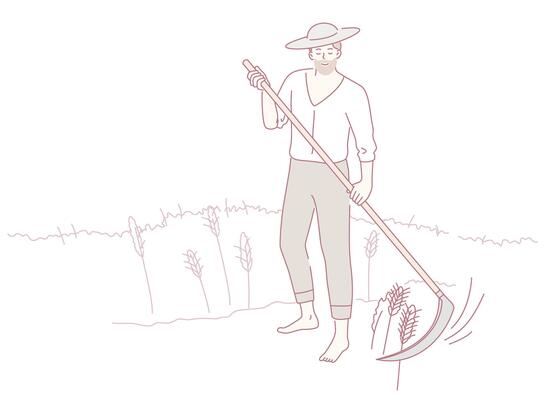 A traditional farmer skillfully using a scythe amidst a vast and golden wheat field