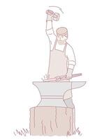 A skilled blacksmith is vigorously hammering metal on an anvil during a creative process vector