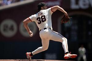 San Francisco Giants starting pitcher Robbie Ray (38) delivers a pitch against the Los Angeles Dodgers during the second inning at Oracle Park. editorial_image