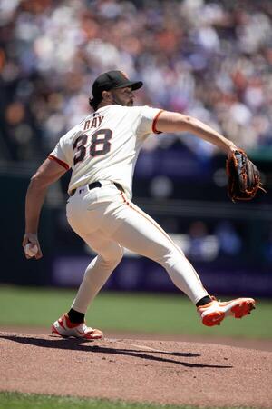 San Francisco Giants starting pitcher Robbie Ray (38) delivers  a pitch against the Los Angeles Dodgers during the first inning at Oracle Park. editorial_image