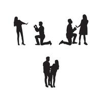 Young woman rejecting a marriage proposal silhouette. A young handsome man is making a proposal of marriage, but silhouette set White Background vector