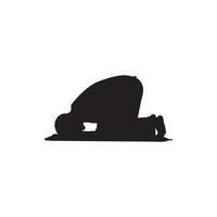 Silhouette man of Muslim in Sujud Sajdah Prostration Islamic Worship Pose Illustrating Devotion and Humility Toward Allah, Facing Qiblah on White Background vector