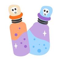 Pair of colorful Halloween potion bottles with skull stoppers. Perfect for magic, fantasy, or spooky designs vector