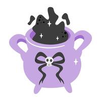 Bubbling purple witch's cauldron with a skull bow, isolated on white. Perfect for Halloween potions and magic vector
