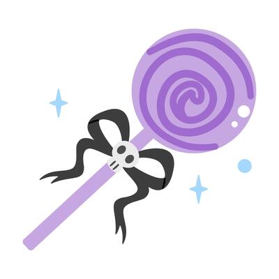 Spooky purple lollipop with a skull bow and sparkling accents, isolated on white. A sweet Halloween treat