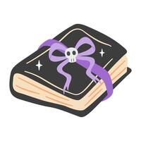 Mystical black spellbook adorned with a purple ribbon and skull, isolated on white. Perfect for Halloween or fantasy designs vector