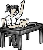 Student raising hand while reading book at desk illustration vector