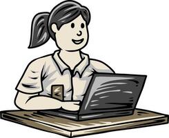 Female student using laptop at school desk illustration vector