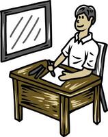 Male student writing at wooden desk near window vector