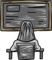 Female student facing chalkboard in classroom vector
