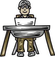 Student with glasses using laptop at school desk vector
