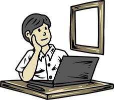 Male student thinking while using laptop at school desk vector