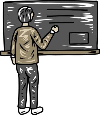 Teacher writing on chalkboard classroom illustration