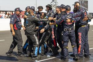 Crew members for NASCAR Cup Series driver Shane van Gisbergen (not pictured) react after winning the NASCAR Toyota / Save Mart 350 at Sonoma Raceway. editorial_image