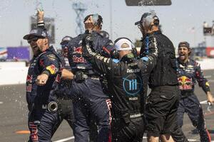 Crew members for NASCAR Cup Series driver Shane van Gisbergen (not pictured) react after winning the NASCAR Toyota / Save Mart 350 at Sonoma Raceway. editorial_image