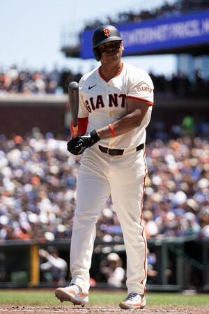 San Francisco Giants designated hitter Rafael Devers (16) reacts after striking out against the Los Angeles Dodgers during the sixth inning at Oracle Park. editorial_image