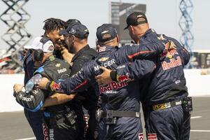 Crew members for NASCAR Cup Series driver Shane van Gisbergen (not pictured) react after winning the NASCAR Toyota / Save Mart 350 at Sonoma Raceway. editorial_image