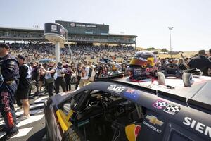 General view of the helmet belonging to NASCAR Cup Series driver Shane van Gisbergen (not pictured) after winning the NASCAR Toyota / Save Mart 350 at Sonoma Raceway. editorial_image