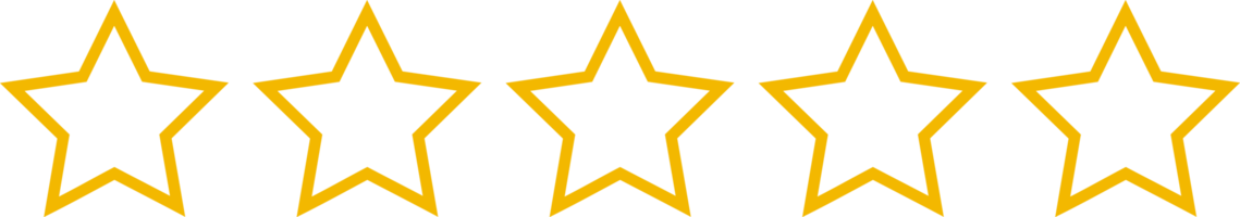 Row of five gold star outlines. Isolated on transparent background. png