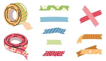 Flat Design Adhesive Tape Set with Cut Pieces on White Background. Office and School Stationery for Packaging, Crafts and DIY Projects. Perfect for Stickers,Planners Design, Social Media Content. vector