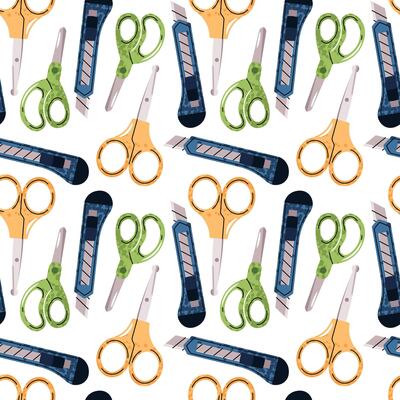 Seamless Pattern with Scissors and Craft Knife. Office and School Supplies Design for Textile Printing, Wallpaper, Wrapping Paper and Stationery. Perfect for Fabric, School Decor