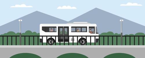 Bus on a bridge with mountains vector