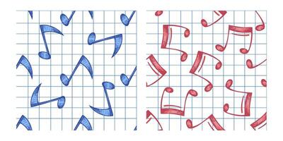 Hand-drawn sketch style music seamless patterns set. Musical note on grid background. vector