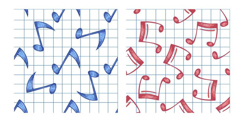 Hand-drawn sketch style music seamless patterns set. Musical note on grid background.