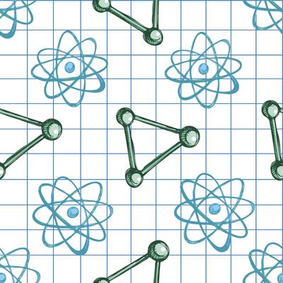 Hand drawn vintage seamless pattern of atom and molecule symbols on squared paper in blue and green colors