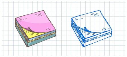Hand drawn vintage sketch of sticky notes stack in color and monochrome version on squared notebook background vector