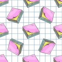 Hand drawn seamless pattern of colorful sticky notes on squared paper background, sketch style illustration for school vector