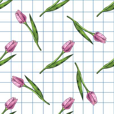 Hand drawn seamless pattern of pink tulips with green leaves on squared paper background, vintage floral illustration