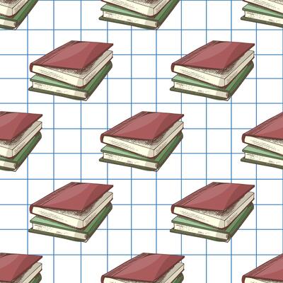 Hand drawn vintage seamless pattern of stacked old books on squared paper background for school and reading projects