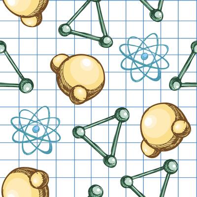 Hand drawn vintage seamless pattern of molecules and atoms in color version on grid notebook paper background