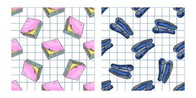 Hand drawn seamless pattern of sticky notes and staplers in pastel colors on squared paper background, vintage style vector