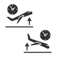 aircraft departure time icon, aircraft arrival time, plane take off, time to travel, plane landing, thin line web symbol on white background - editable stroke illustration eps10 vector