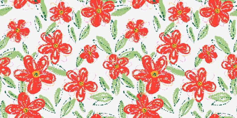 Seamless floral pattern with red abstract daisy like flowers and green leaf with textured brush strokes on a white background. Template for textiles, wallpapers, packaging, and kids