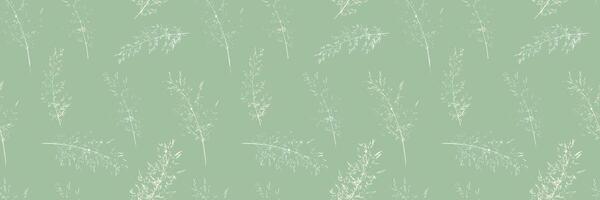 Seamless pattern featuring delicate, hand drawn grass stems in a soft, vintage style. The muted green background complements the subtle botanical design for textiles, wallpaper, packaging vector