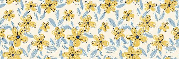 Seamless floral pattern with yellow crayon style flowers and blue leaves on a light beige background. Abstract hand drawn texture, template for summer textiles and wrapping paper vector