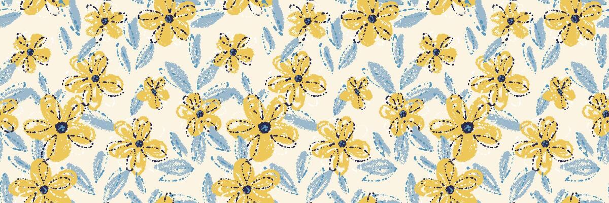 Seamless floral pattern with yellow crayon style flowers and blue leaves on a light beige background. Abstract hand drawn texture, template for summer textiles and wrapping paper