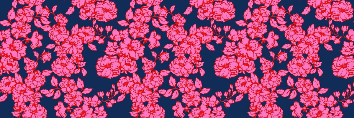 Seamless floral pattern with pink blooming flowers and leaves on a navy background. Ideal for fabric, wallpaper, packaging, and digital design. Colorful and cheerful floral design.