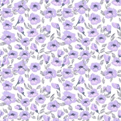 Seamless floral pattern with pastel purple, violet blossoms, soft leaves, and painterly brush texture on a white background. Template for fabric, packaging, wallpapers, and spring decor