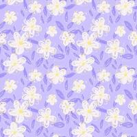 Seamless floral pattern with hand drawn soft flowers and leaves on a pastel purple, violet background. Artistic and playful design for textiles and kids products, spring or summer theme vector