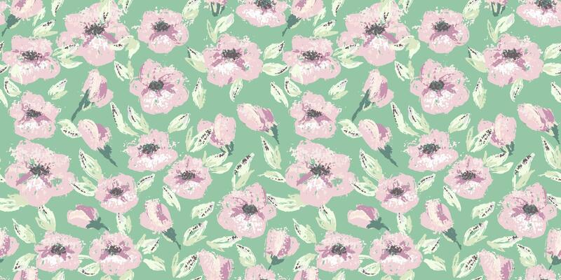 Seamless floral pattern with pastel flowers and leaves on a mint, green background. Artistic brush stroke style template for textiles, packaging, summer and spring designs