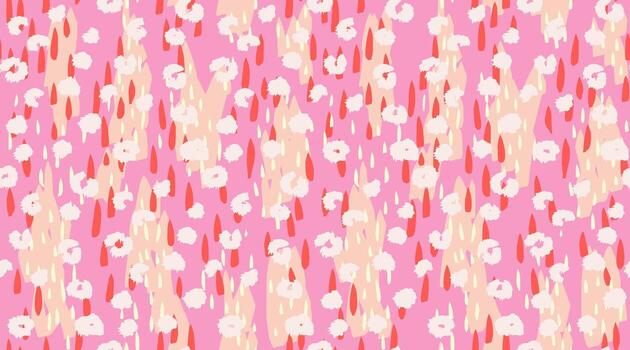 Seamless abstract pattern with bold shapes, raindrop elements, and hand drawn floral dots on a pink background. Modern, playful design for textiles, wrapping, digital prints vector