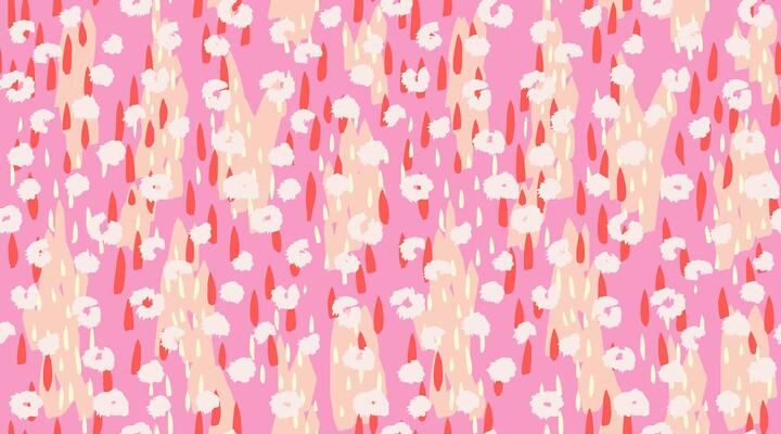 Seamless abstract pattern with bold shapes, raindrop elements, and hand drawn floral dots on a pink background. Modern, playful design for textiles, wrapping, digital prints