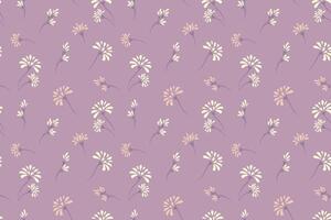 Seamless floral pattern with delicate daisies with stems on a soft purple violet background. drawn plain unique flowers print. Design for spring summer themed projects, stationery, gift wraps. vector