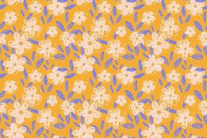 Seamless floral pattern with abstract flowers and blue leaves on a vibrant yellow background. Artistic and playful style design for textiles, packaging, and stationery vector