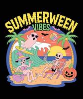 Summerween Beach Party Cartoon Skeleton, Witch, and Ghost Enjoying Summer Halloween Vibes vector